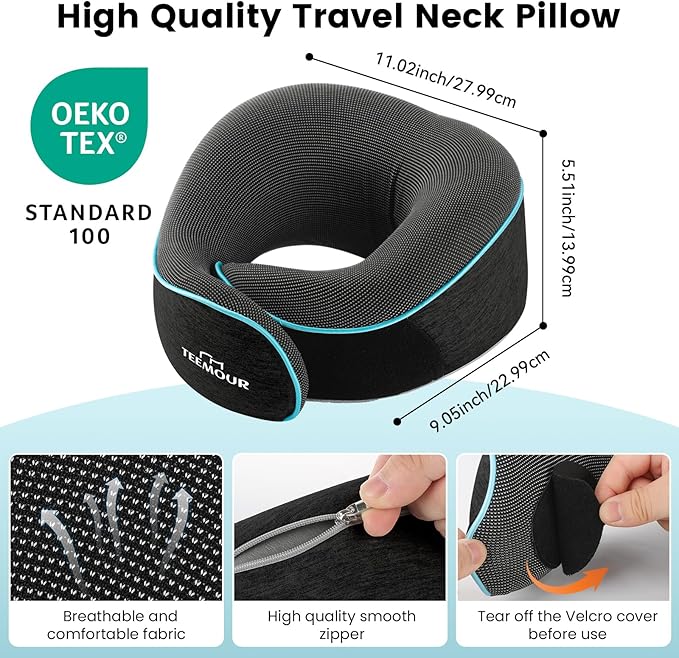 Travel Neck Pillow for Airplane -Memory Foam Travel Pillow for Long Flights/Car Sleep 360° Support Airplane Pillow, With Eye Mask & Earplugs, Portable Carry Bag | Airplane Accessories Washable Cover