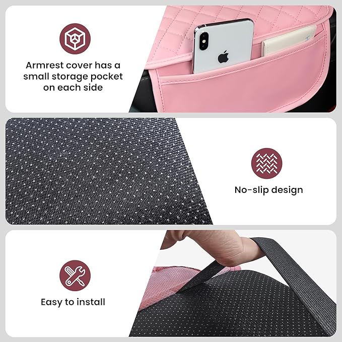 Upgraded Car Center Console Cover with 2 Storage,Arm Rest Covers Armrest Cover for Car, Microfiber Leather Car Armrest Cover Cushion, Universal Car Interior Accessories for Vehicles（Pink longer）