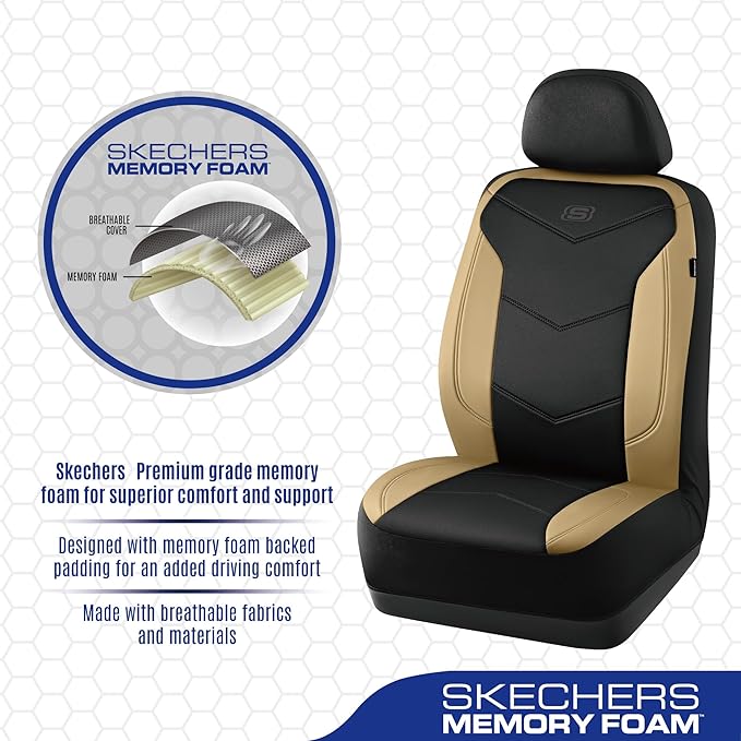 Skechers Memory Foam Seat Covers,Leather Car Seat Covers, Ultimate Comfort & Support Seat CoversFull Sets,Airbag Compatible, Automotive Universal Fit Most for SUVs, Vans, Sedans, Cars, Trucks,Beige