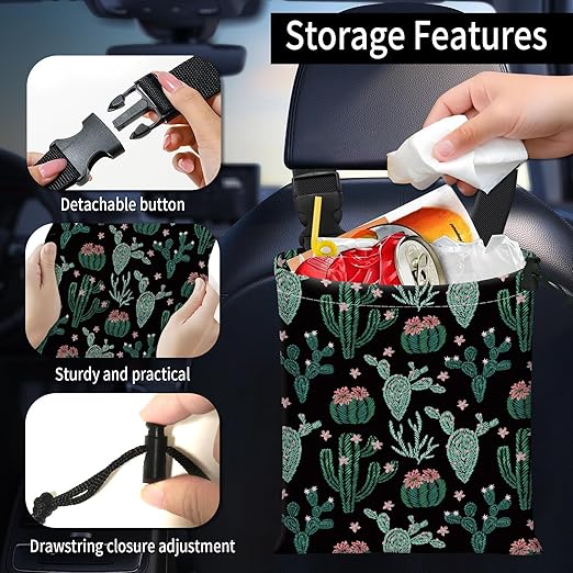 Car Trash Bag Large Hanging Can for Back of Seat, Cute Waterproof Car Garbage Bag for Vehicle, Travelling, Outdoor Cute Green Cactus
