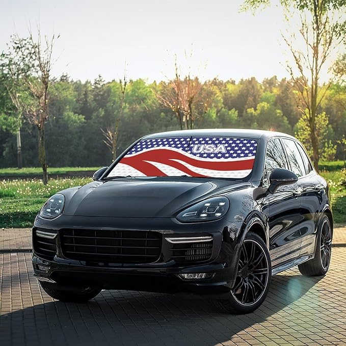 Socira American USA Flag Car Windshield Sunshade Umbrella Foldable Umbrella Sun Shade Windshield Cover Patriot Sunshade Car Accessories Blocks Uv Rays Keeps Cool (57" X 30")