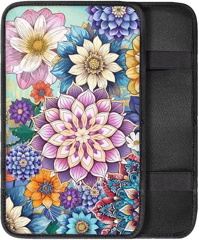 Universal Car Center Console Cushion Pad, Boho Flowers Car Center Console Cover Auto Armrest Seat Box Cover Protector for Most Vehicle SUV Truck Car