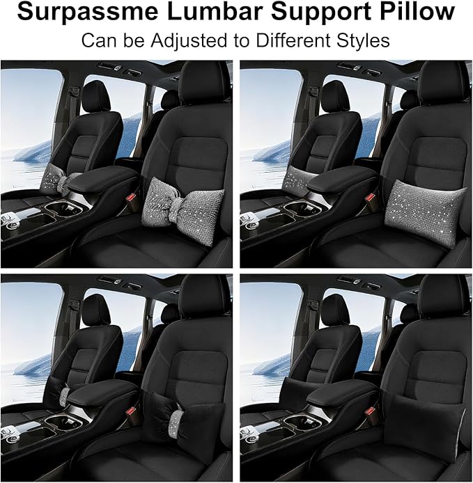 surpassme Rhinestone Lumbar Support Pillow for Car, Bling Back Support Pillow/Cushion Car Accessories for Women(White)