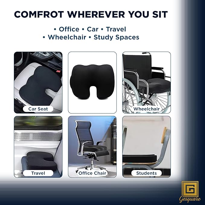 GESQUARE 3-Piece Memory Foam Seat Cushion & Lumbar Support Pillows Set – Adjustable Back Support for Office, Car & Gaming Chairs – Tailbone & Coccyx Comfort for Long Sitting.