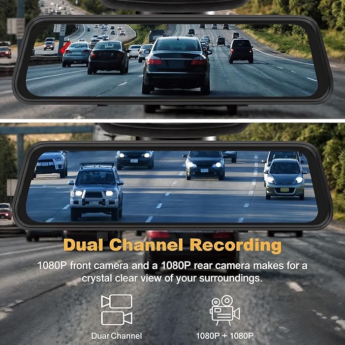BY-J 9.66" 4K Mirror Dash Cam Front and Rear, Backup Camera for Cars, Full Touch Screen Rear View Mirror Camera, Smart Driving Assistant, Loop Recording Streaming Media