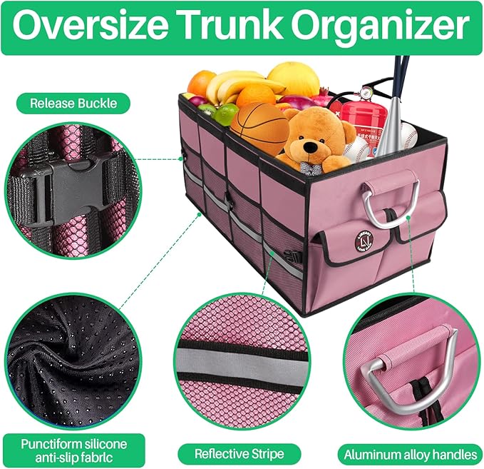 Car Trunk Organizer, Cargo Organizer SUV Trunk Storage Non Slip Bottom Waterproof Collapsible Durable Multi Compartments-(Standard,Pink)