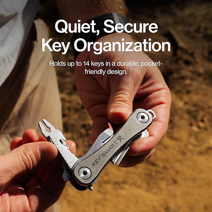 KeySmart Rugged - Multitool Key Holder for Keychain w/Bottle Opener and Pocket Clip, Organizer for Keys, EDC Keychains, Ring for Car Fobs Key Chains, Expandable (Up to 14 Keys, Titanium)