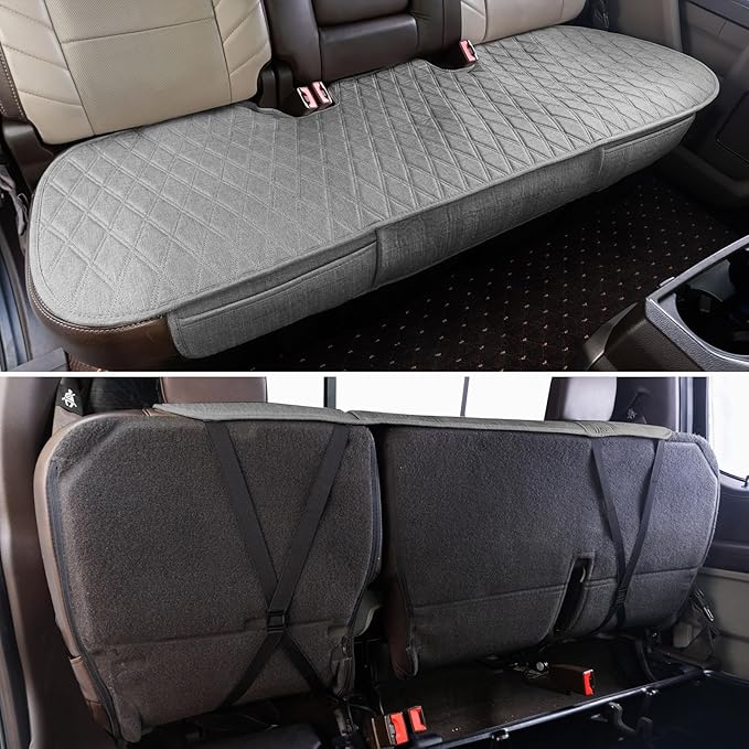 Universal Grey Anti-Slip Rear Car Seat Cover Size L - Faux Linen Bottom Bench Seat Cushion Fits Most of Vehicles Cars Truck SUV Van - Automotive Long Back Seats Protectors with Storage Pocket