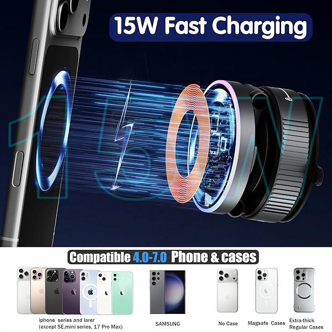 Magnetic Phone Holder for Car Wireless Charging, 15W Fast Wireless Car Charger with Vacuum Suction, 360° Adjustable Magnetic Mount for Dashboard & Windshield, Hands-Free for MagSafe iPhone & Android