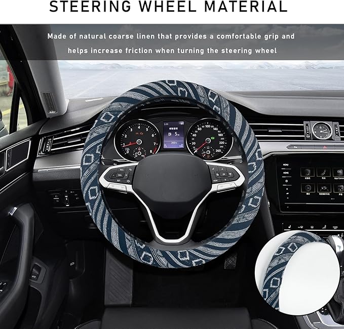Boho Steering Wheel Cover, 15.0"×15.0" Anti-Slip Baja Blanket Ethnic Steering Wheel Protector, Breathable Flax Cloth Elastic Bohemian Steering Wheel Cover, Car Accessories (Style E)