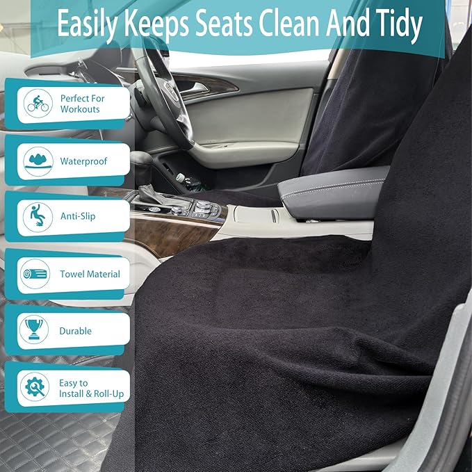 Car Seat Covers Universal Car Protective Front Seat Covers Washable Non-Slip Seat Protectors for Gym Workouts,Waterproof and Sweatproof Towel Seat Covers for Cars,Trucks, Jeeps (Black)