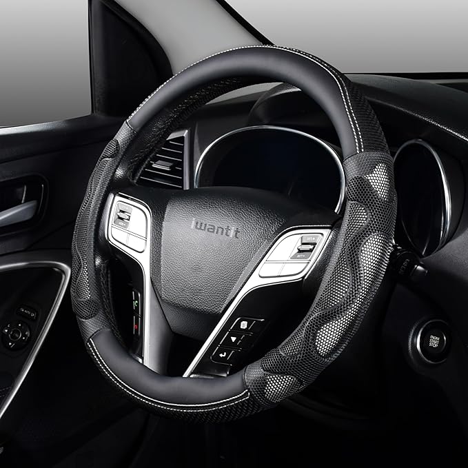 Iwantit® Steering Wheel Cover with 3D Honeycomb Anti-Slip Design and Breathable Fabrics, Universal 14.5-15 Inch (White/Black)