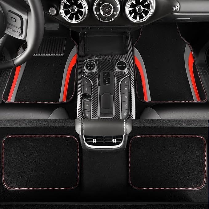 CAR PASS Leather Car Seat Covers Full Set with Waterproof Car Floor Mats,Airbag Compatible,Automotive Interior Covers for Cars Sedans,Trucks,Vans,SUV with Car Carpet Mats(Black and Red)