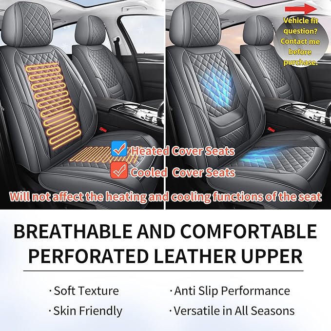Chezope Leather Seat Covers, Grey Car Seat Covers Front Pair, Breathable Car Seat Protectors, Wear-Resistant Car Accessories, Universal Fit for Most Cars,SUVs Truck (Grey-Diamonds, Front Pair)