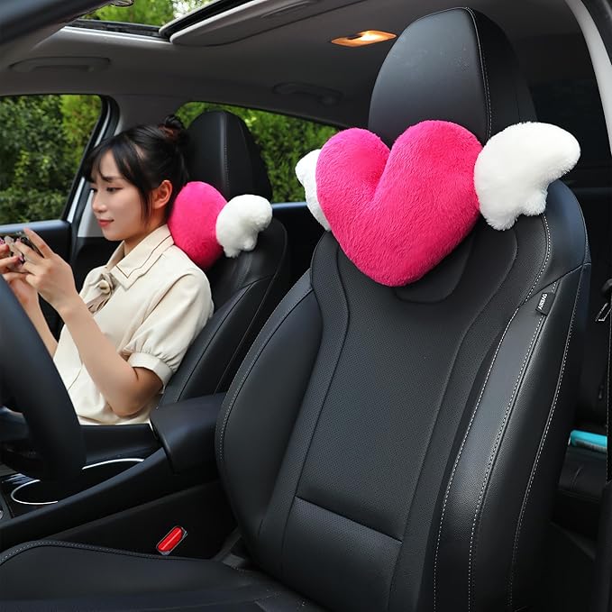 2 Pack Heart Shaped Cute Car Headrest Pillow with Angel Wings - Comfortable Soft Head Rest Cushion Kawaii Car Accessories Neck Pillow for Driving Travelling Office Home Decor - Rose Red Love Heart