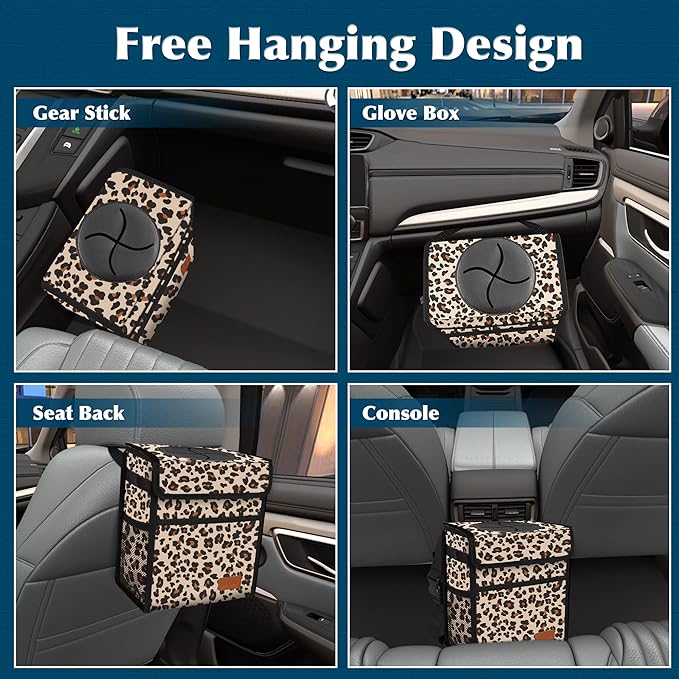 Car Trash Can with Lid Leak Proof Garbage Waterproof Bag for SUV Front Seat Multipurpose Hanging Headrest Collapsible and Portable Storage Mesh Pocket, Leopard Print