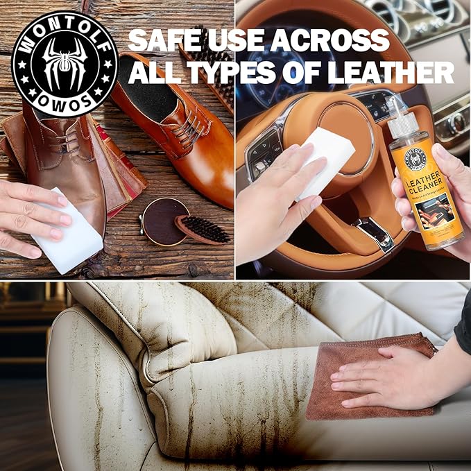 Wontolf Leather Cleaner and Conditioner Non-Toxic Gentle Total Interior Cleaner Car Wash Kit, Leather Boot Care Kit, Safe for Use on Car Interiors, Leather Apparel, Furniture, Sofa, Shoes, Bags