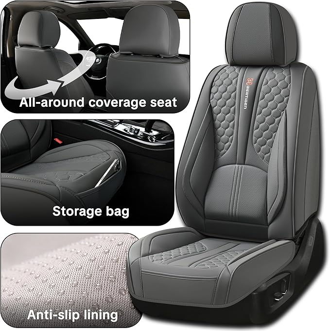 Car Seat Cover Set, Gray Automotive Interior Accessories, with Lumbar Support, Premium Nappa Leather, Waterproof, Non-Slip, Easy Installation, Universal Fit, Airbag Compatible