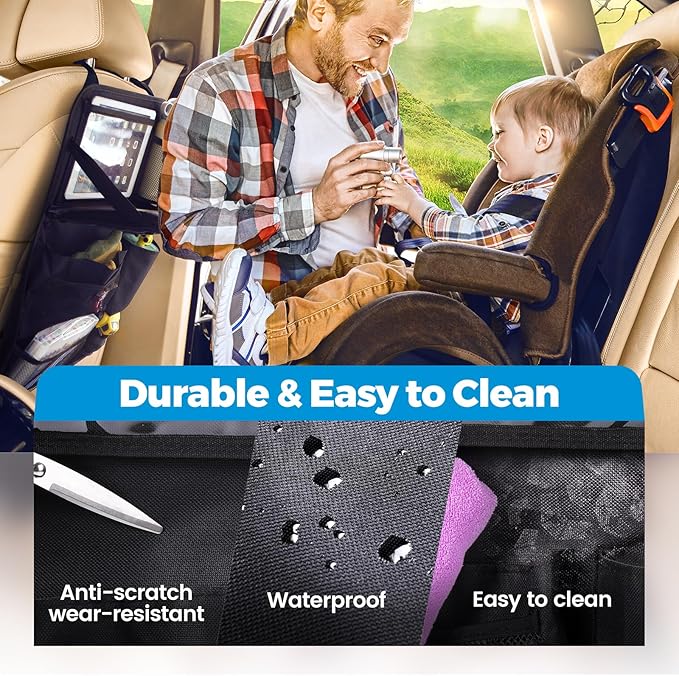 Tsumbay Backseat Car Organizer with Foldable Tray, 9 Pockets, Kick Mat Seat Protector, 18KG Capacity, Waterproof Oxford Fabric for Kids, Family Travel - for Car, SUV, Van (Oxford-2Pck)