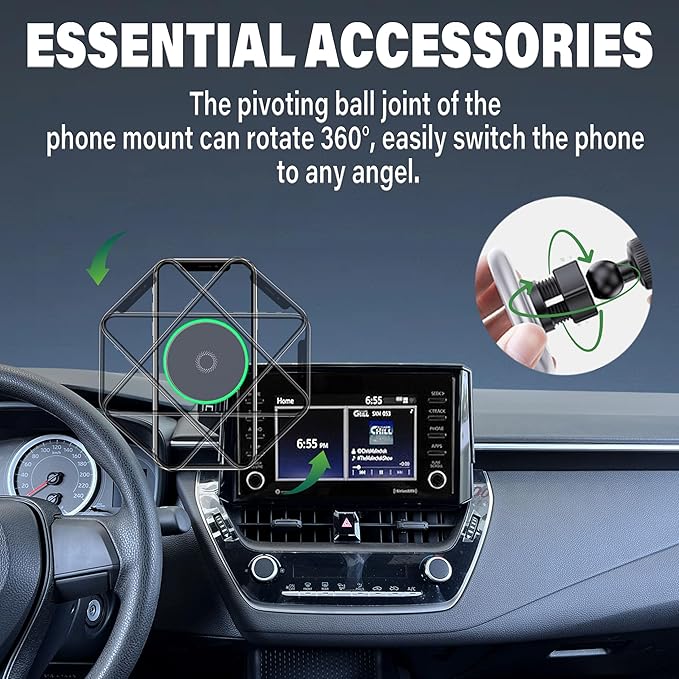 Wireless Charger Car Phone Holder for Toyota Corolla 2019-2026 / Corolla Cross 2022-2026 Accessories Apply to 8 Inch Screen Fixed Clip, 360° Rotation Cell Phone Mount