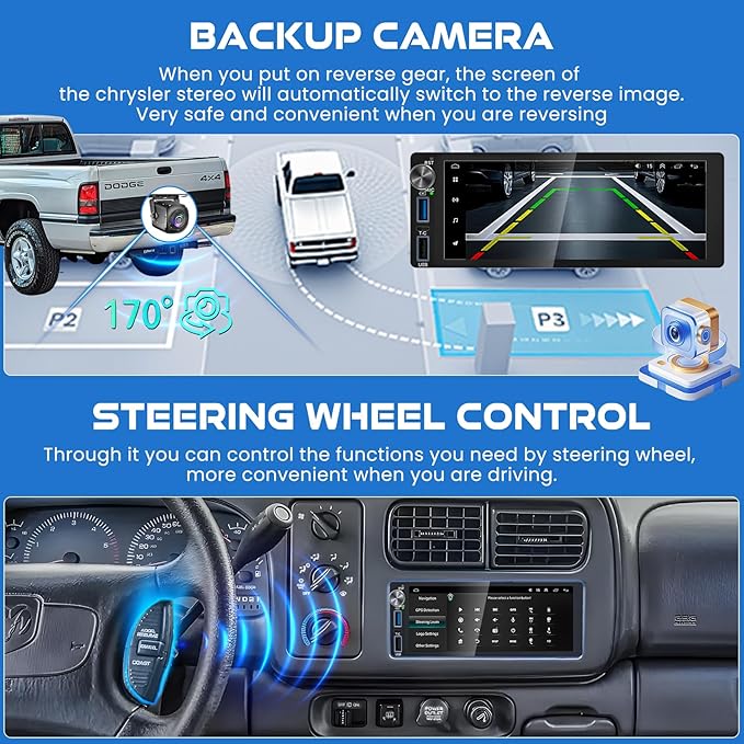 4G+64G Android 13 Car Radio for Dodge Ram (1994-2001)& Chrysler Town and Country (1990-2000) & Jeep Grand Cherokee (1993-1998), 6.2''Touch Screen Stereo with Wireless CarPlay&Android Auto