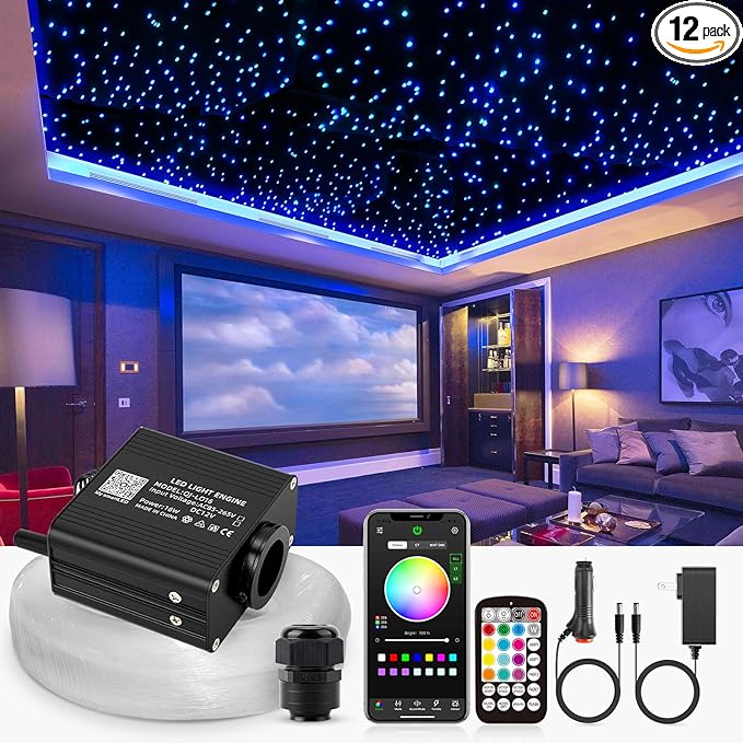 16W Twinkle Starlight Headliner Kit, 570pcs of (0.03+0.04+0.06in)*9.8ft Fiber Optic Strands Bluetooth APP/Remote/Music Control, RGBW Star Ceiling Light Kit+Adapter+Car Use Plug for Car