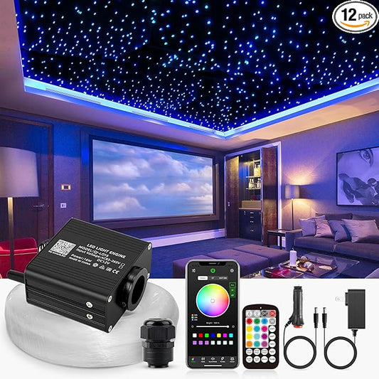 16W Twinkle Starlight Headliner Kit, 570pcs of (0.03+0.04+0.06in)*9.8ft Fiber Optic Strands Bluetooth APP/Remote/Music Control, RGBW Star Ceiling Light Kit+Adapter+Car Use Plug for Car