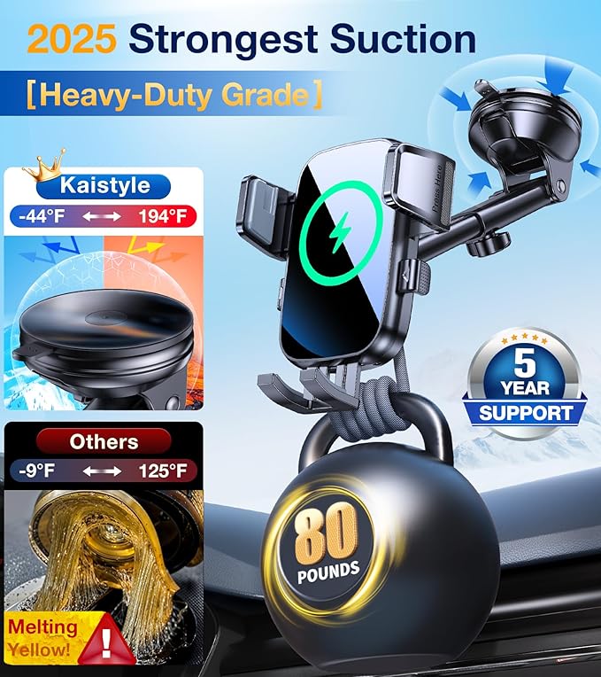 Kaistyle Wireless Car Charger【One Hand Manual Clamping】 Fast Wireless Charger for Car Phone Holder Mount Charger Phone Holders for Your Car Dashboard/Windshield/Vent Truck Mount for iPhone Samsung