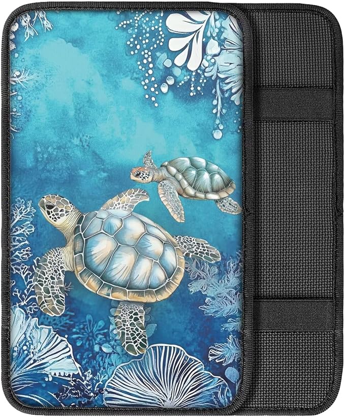 Suobstales Turtle Coral Print Car Armrest Pad Soft Center Console Arm Rest Protector Cover Universal Car Interior Accessories Decoration