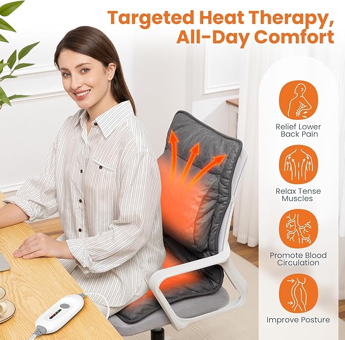 Heated Seat Cushion with Lumbar Support for Office, Heated Seat Cover Pain Relief for Long Sitting, Seat Warmer for Back, Lumbar, Hip, Thigh, Universal Fit, Auto Shut Off, 3 Heat Levels, Dark
