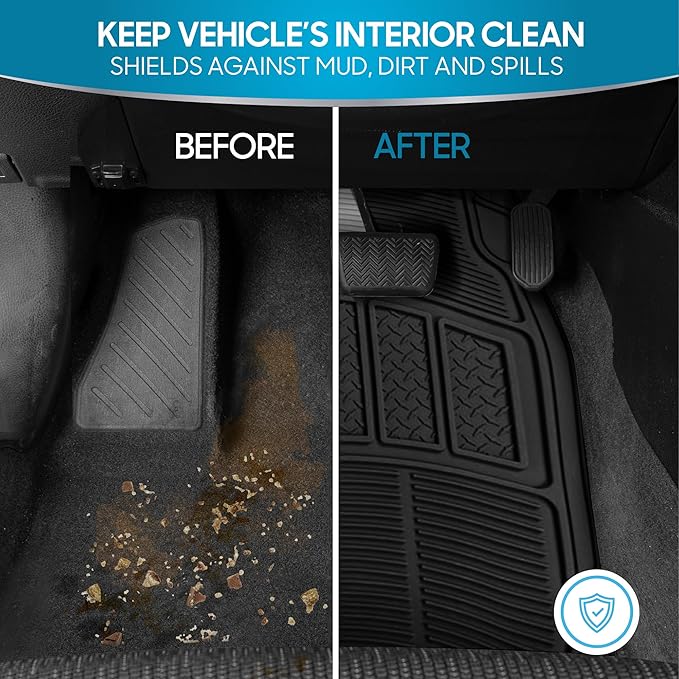 BDK 3-Piece ProLiner Heavy Duty Front & Rear Rubber Floor Mats, Universal Fit Liners for Cars SUVs Trucks Vans, All Weather Protection with Anti-Slip Nibs, Flexible Contours Fits Most Vehicles - Black