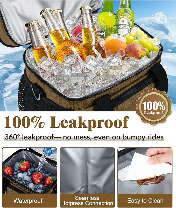 Insulated Lunch Bag for Men & Women, Double Leakproof Lunch Box Soft Cooler Tote with 5 Pockets, 600D Oxford, EVA Lining, Adjustable Strap for Work, Picnic, Beach&Travel-Coffee