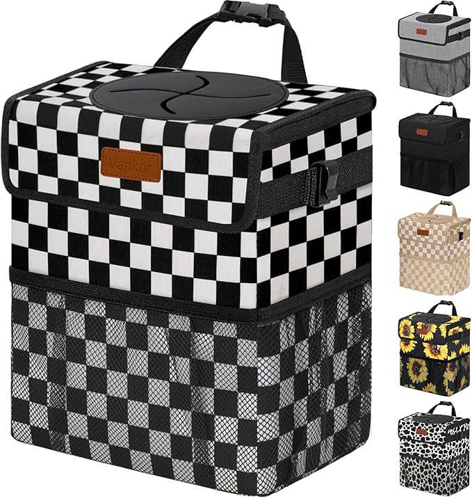 3 Gallons Car Trash Can with Lid, Bag Bin Hanging Waterproof Automotive Car Garbage Cans Leak Proof Vehicle Trash Can for Truck SUV, Black White Checkered