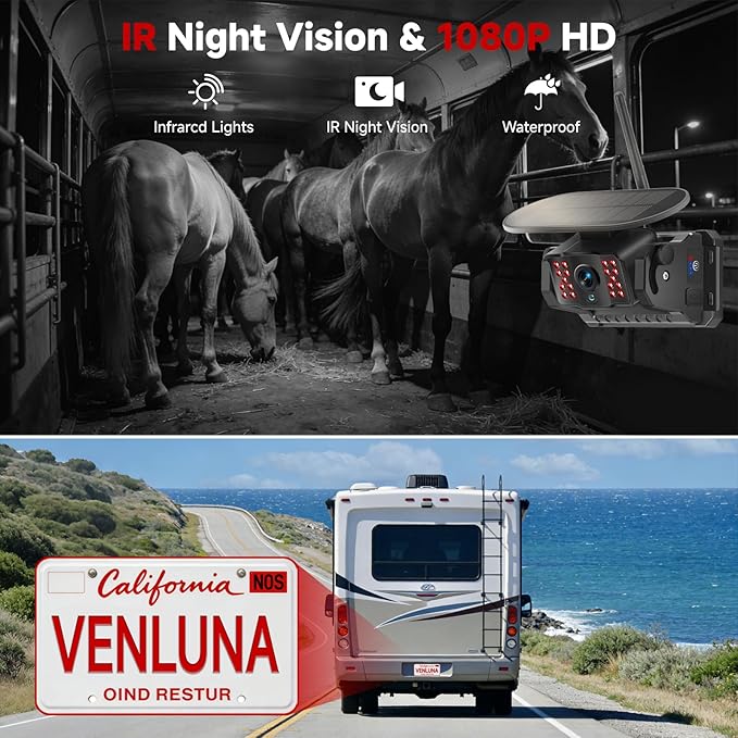 Magnetic Wireless Backup Camera for RV - 15000mAh Battery Solar Powered Reverse camera System with 1080P 7in Monitor, 500ft Stable Range 4CH Split Screen for Horse Trailer Truck Pickup Tractor