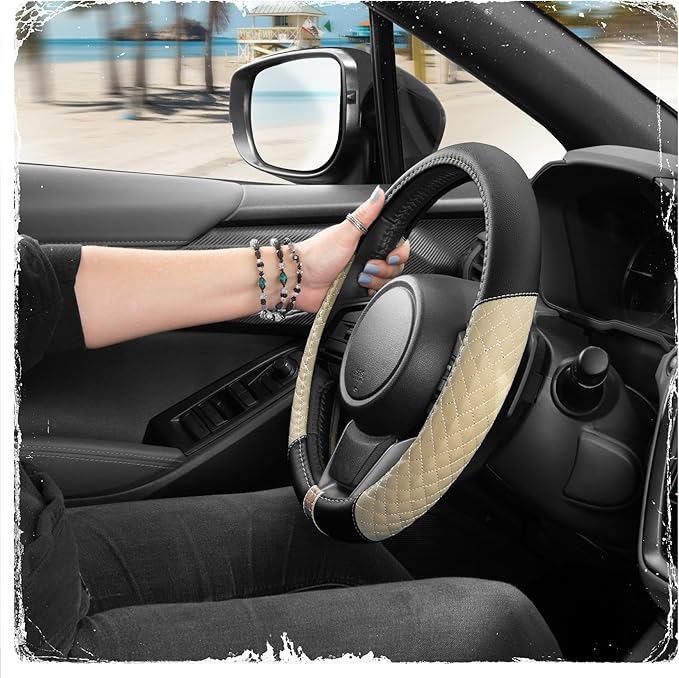 BDK C&C California Car Steering Wheel Cover Beige Diamond Quilt, Non Slip Leather Steering Wheel Cover for Women Men, Cute Comfortable Soft Easy Installation Universal Fit (Fits 14.5"-15.5" Inches)