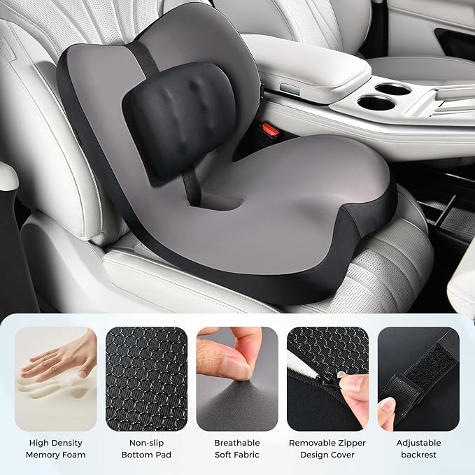 FLORICH 2 in1 Truck Seat Cushion and Lumbar Support Pillow Memory Foam Car Seat Cushion with Adjustable Strap for Truck Driver Long Drives, Fits Semi Truck Seat,Car,Office&Gaming Chair(Light Black)