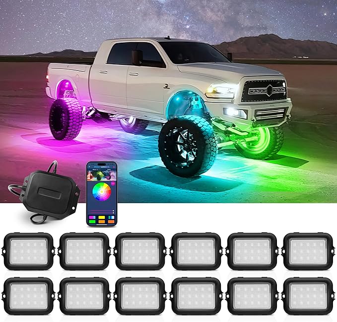 MICTUNING Y1 RGB+IC Dream Color Rock Lights - Upgraded 12 Pods Underglow Light with Chasing Effect, Wheel Well Light with Wiring Switch Kit, Bluetooth APP Control, Extensible Up to 24 Pods