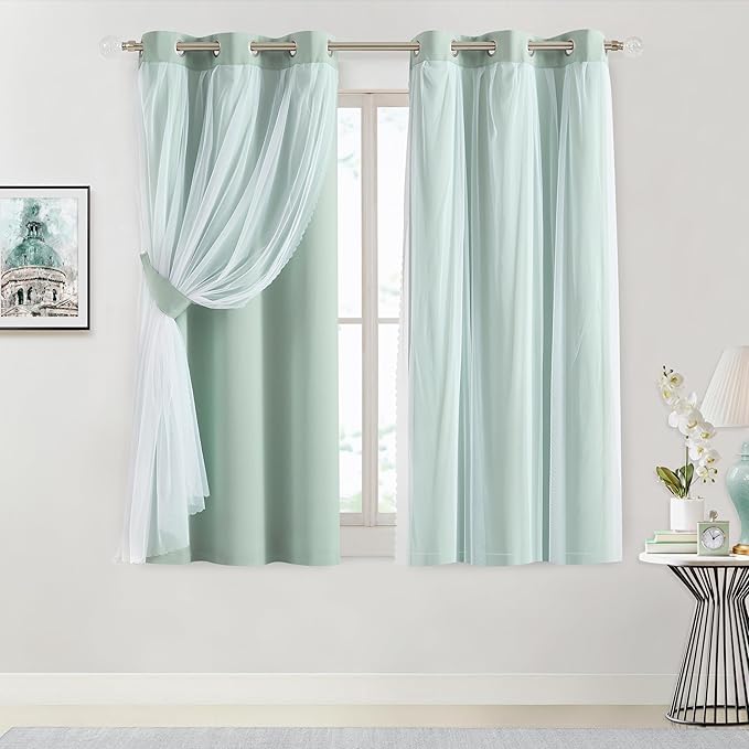 Bujasso Aqua 80% Blackout Curtains with Sheer Overlay Mix and Match Double Layer Thermal Insulated Window Panels 63 inch for Living Room Bedroom Mint Green Drapes with Tiebacks Grommet Top 37"Wx63"Lx2