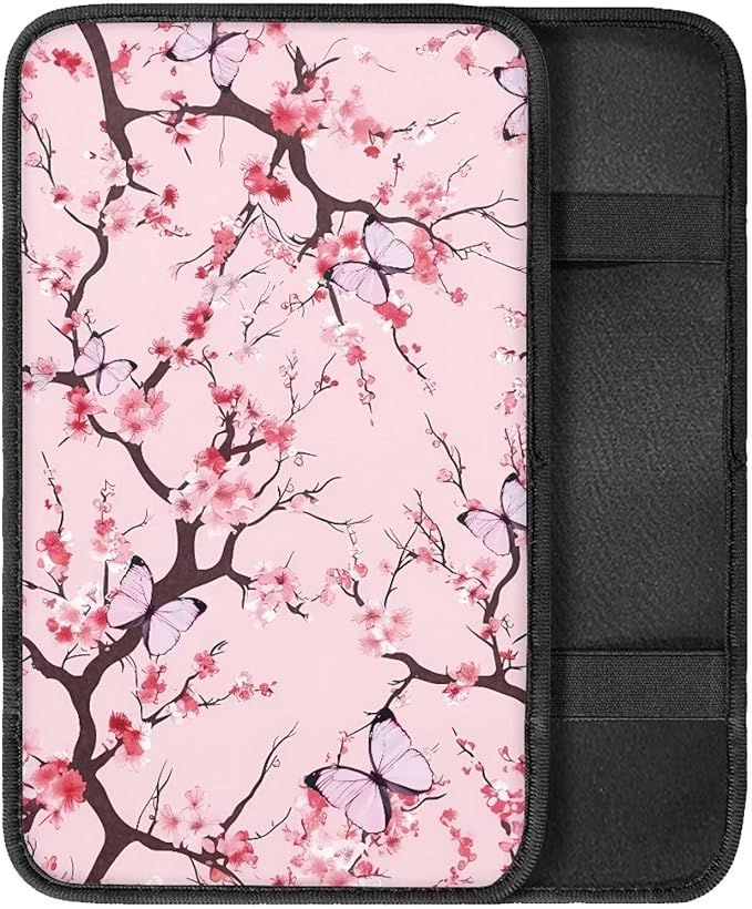 Pink Cherry Blossom Thin Car Armrest Pads Auto Armrest Box Cover Comfortable Middle Storage Organizer Pad Universal Style Car Accessories Decor