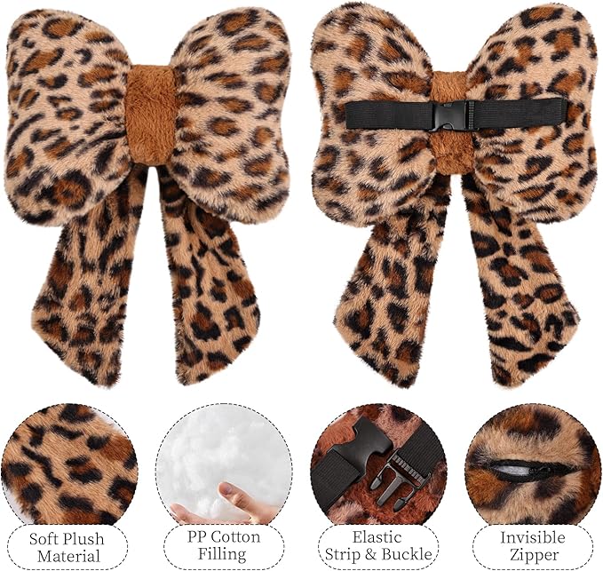 2 Pack Bow Car Headrest Pillow Comfortable Soft Plush Head Rest Cushion, Neck Pillow for Driving Office Use and Car Interior Decoration (Leopard)