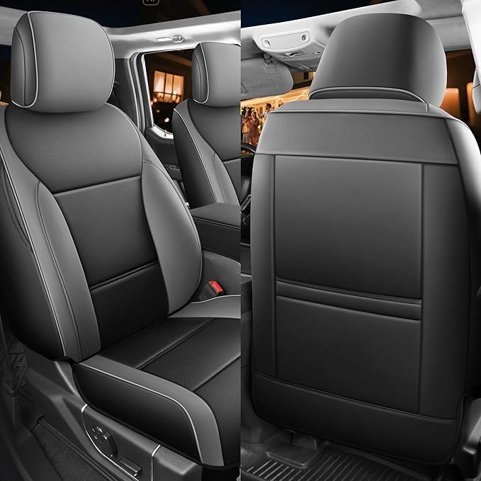 Red Rain Leather F150 Seat Covers Custom Fit for Ford F150 SuperCrew/CrewCab 2015 to 2025 XL XLT STX Pickup Truck Black and Gray Seat Cushion Cover Full Set (F150-Black+Gray)