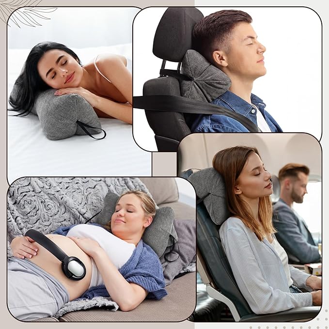 Dog Bone Shaped Travel Neck Pillow with Washable Removable Cover Have Loops on Either End for Car Bus Truck Driving Comfort Head Rest Support Neck Cervical Chiropractic Pillow (Gray)