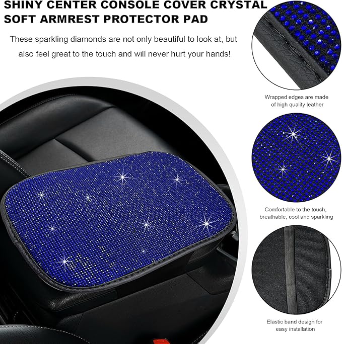 Bling Car Armrest Cover, 11.8"×8.5" Crystal Rhinestone Auto Center Console Protective Cover, Bling Charming Arm Rest Cushion Pad for Most Cars SUVs Trucks, Car Accessories (Black&Blue)