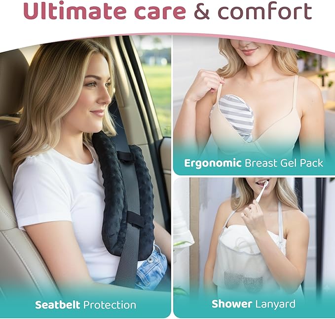 Zomaple Mastectomy Recovery Pillow with Strap, Swirly Gel Pack, Seat Belt Cover & Shower Lanyard – Post-Op Essentials, Breast Augmentation/Reduction & Recovery Supplies – Washable Cover for Comfort