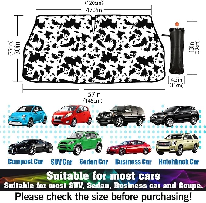 CHILL·TEK Funny Car Windshield Sun Shade Umbrella, Cows Print Car Sun Shade Umbrella, Block UV Rays Heat Foldable Windshield Umbrella Sun Visor Protector - Keep Vehicle Cool for Cars SUV