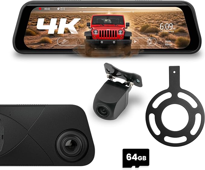 Stinger Jeep Wrangler JK (2007-18) 9.66” 4K UHD Touchscreen Digital Rear View Mirror Monitor & 4K Front Dashcam, 2K Backup Cam, Anti-Glare Night Vision, Built-in DVR w/ 64GB SD Card, Impact Detection