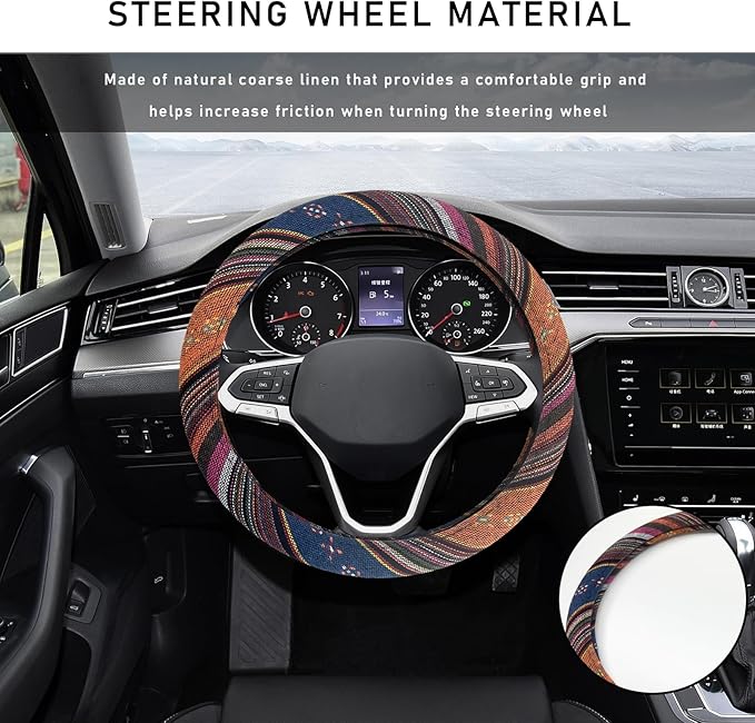 Boho Steering Wheel Cover, 15.0"×15.0" Anti-Slip Baja Blanket Ethnic Steering Wheel Protector, Breathable Flax Cloth Elastic Bohemian Steering Wheel Cover, Car Accessories (Style C)