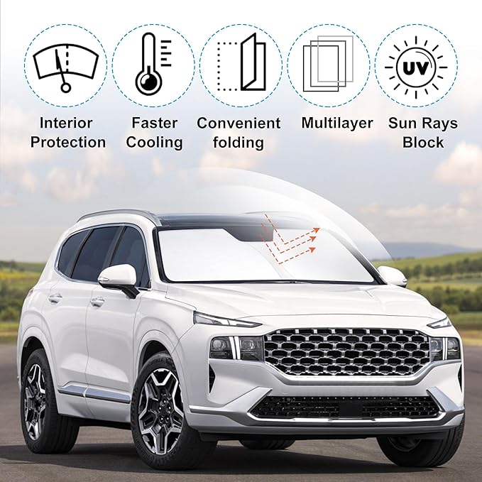 Windshield Sun Shade Custom Fit for 2019-2023 2024 2025 2026 Hyundai Santa Fe Accessories Foldable Sunshade Sun Blocker Protect Car from Sun Rays & Heat Damage Keep Car Cooler