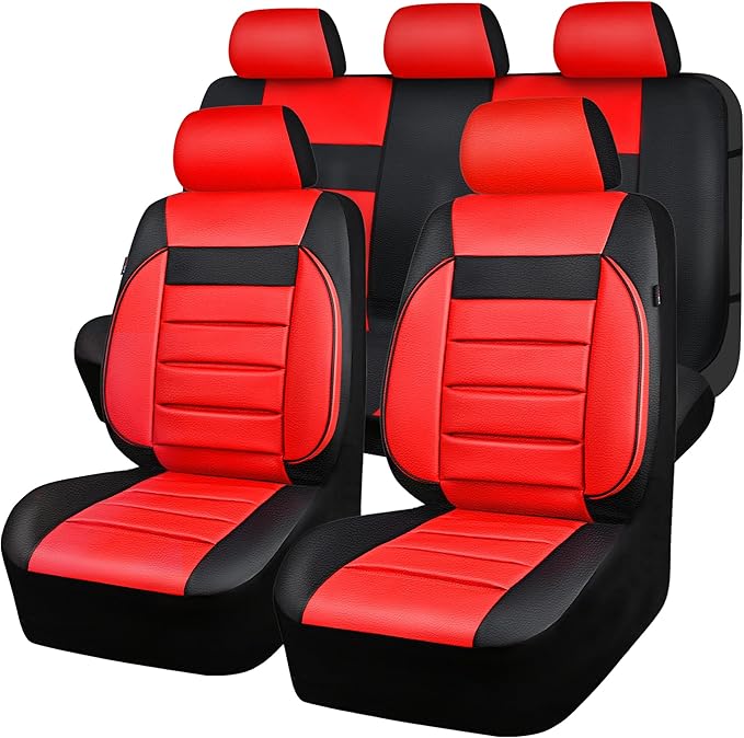 CAR PASS Leather Seat Covers Full Set Universal Water Resistant 3D Foam Back Support, Luxury Comfort Automotive 5 Seat Covers All Season Fit for SUV,Sedan,Van, Airbag Compatible Elegance (Black Red)
