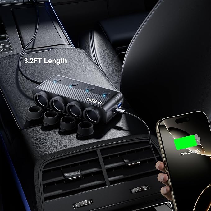 Cigarette Lighter Splitter Adapter, 216W 4 Socket Car Heavy Duty Truck Cigarette Lighter Plug Multi Port with PD30W/QC3.0 Charge USB C 12V/24V Car Plug Outlet Splitter with Independent Switches